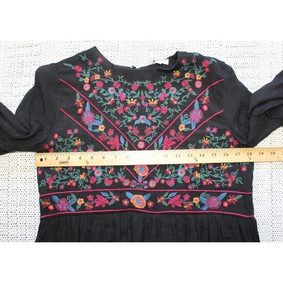 Umgee Boho Black floral Embroidered Mini Dress Size Small Bell-Sleeve Casual - Picture 5 of 12